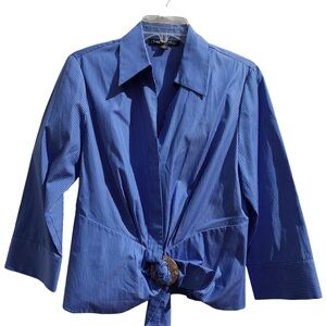 Lafayette 148 EUC Shirt Blue with Fine White Stripes in Beautiful Cotton Size 10